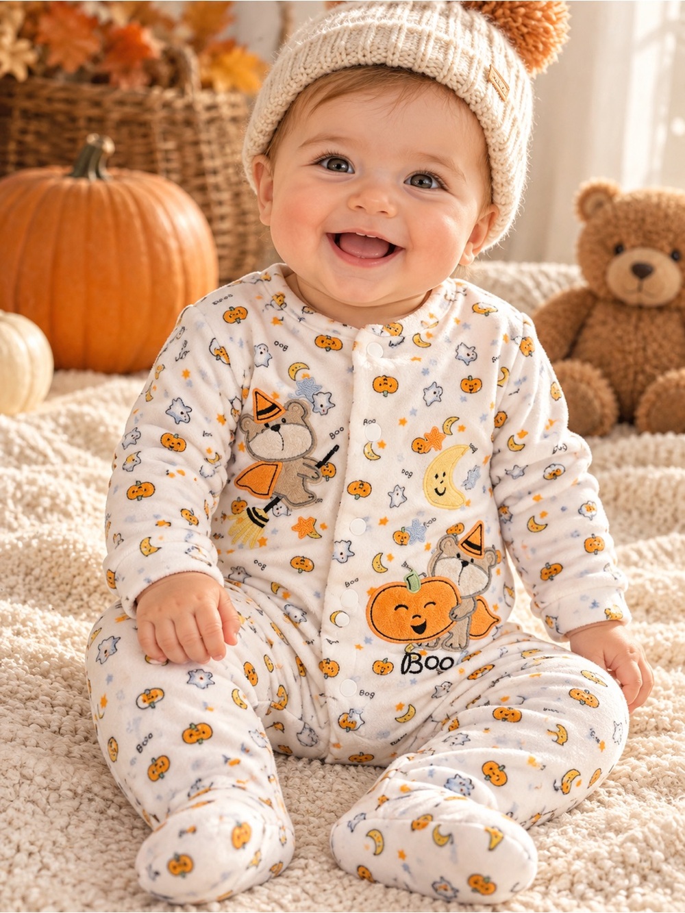 Vintage First Moments Halloween Boo Teddy Bear Pumpkin Footed Sleeper 6-9M
